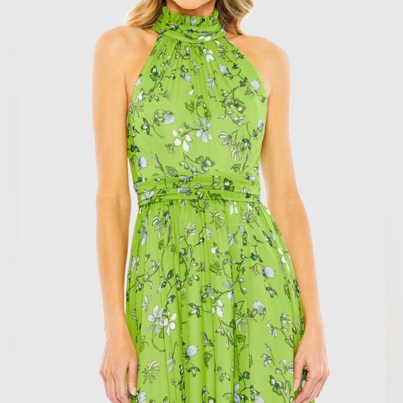 IEENA for Mac Duggal Green Floral Print High-Neck A-Line Midi Dress - Picture 3 of 7